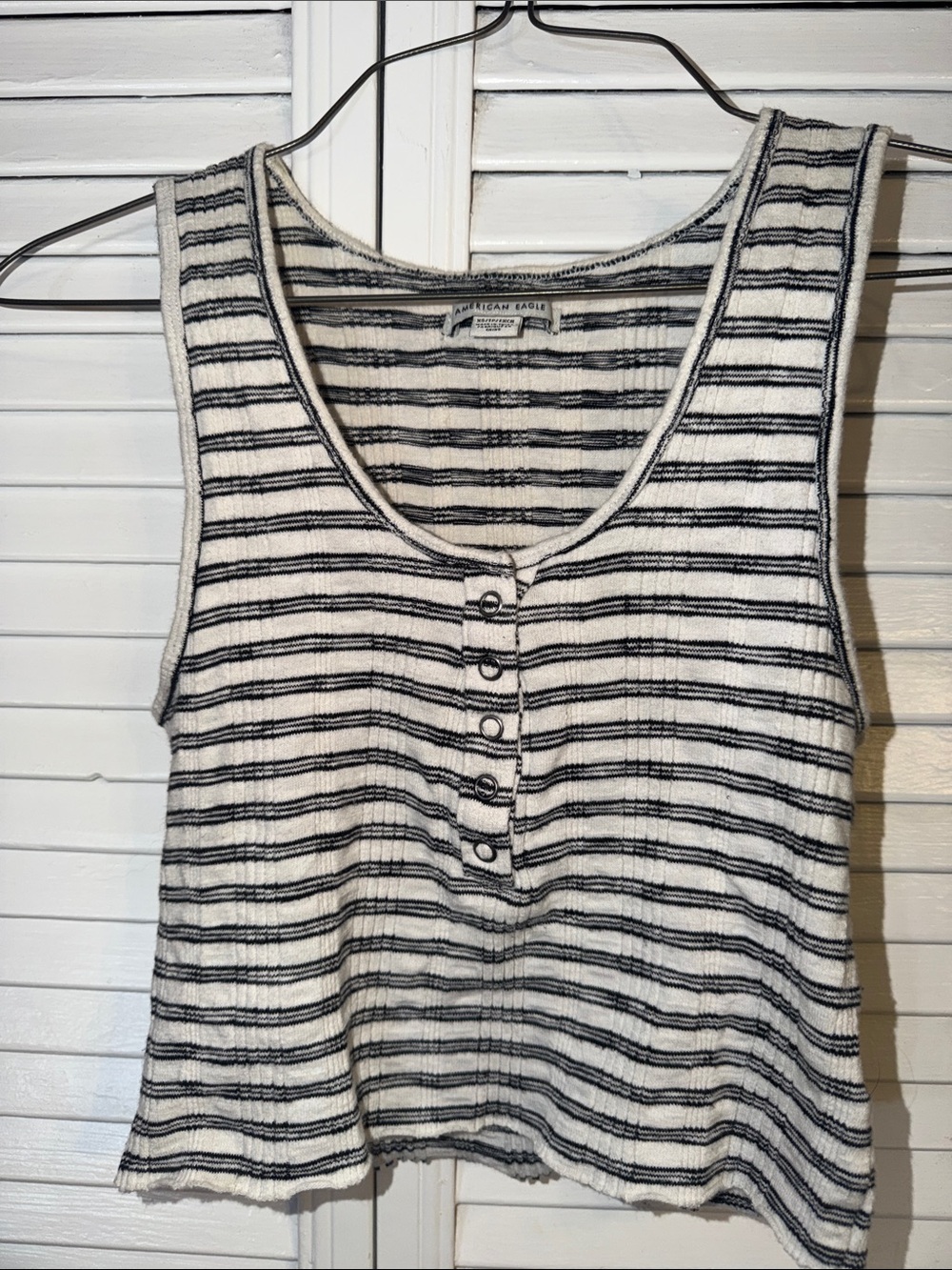 American Eagle Outfitters White and Black Striped Ribbed Henley Tank